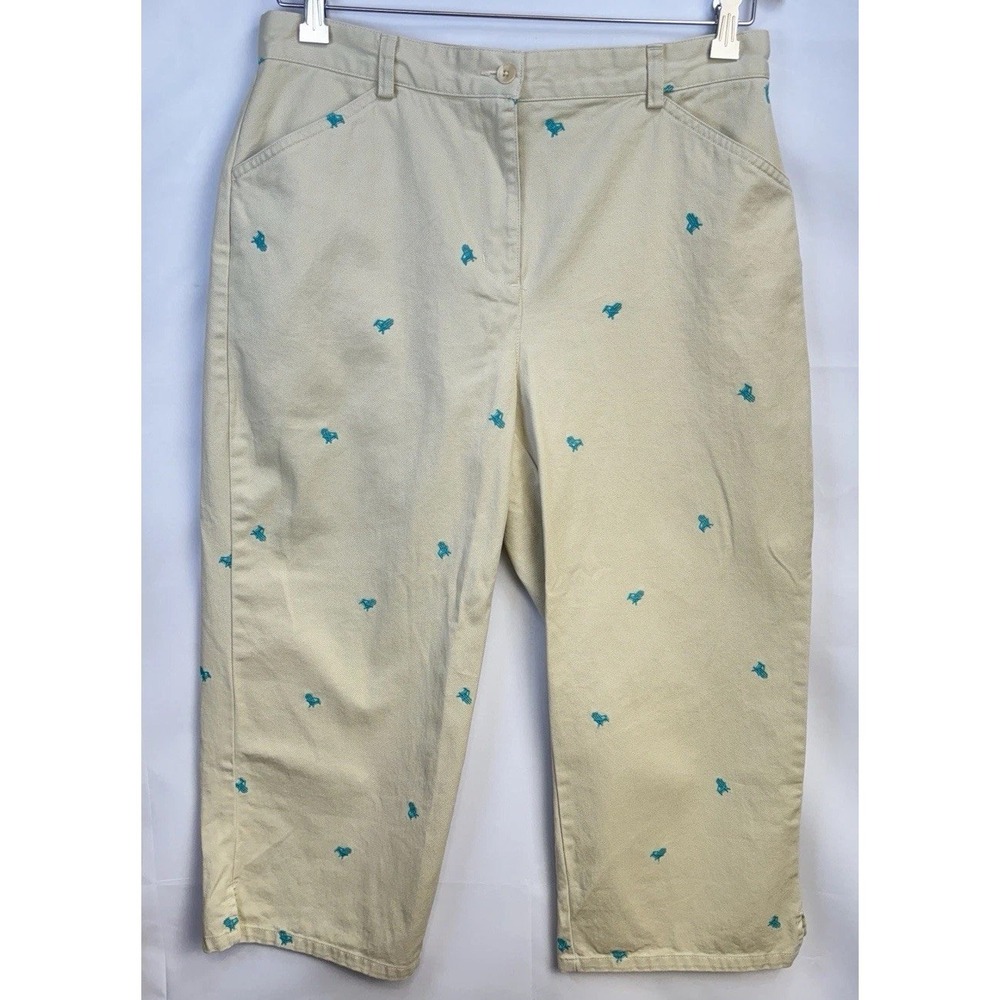 LL Bean Pants Capri 14P Khaki Straight Leg Embroidered Beach Chair 100% Cotton